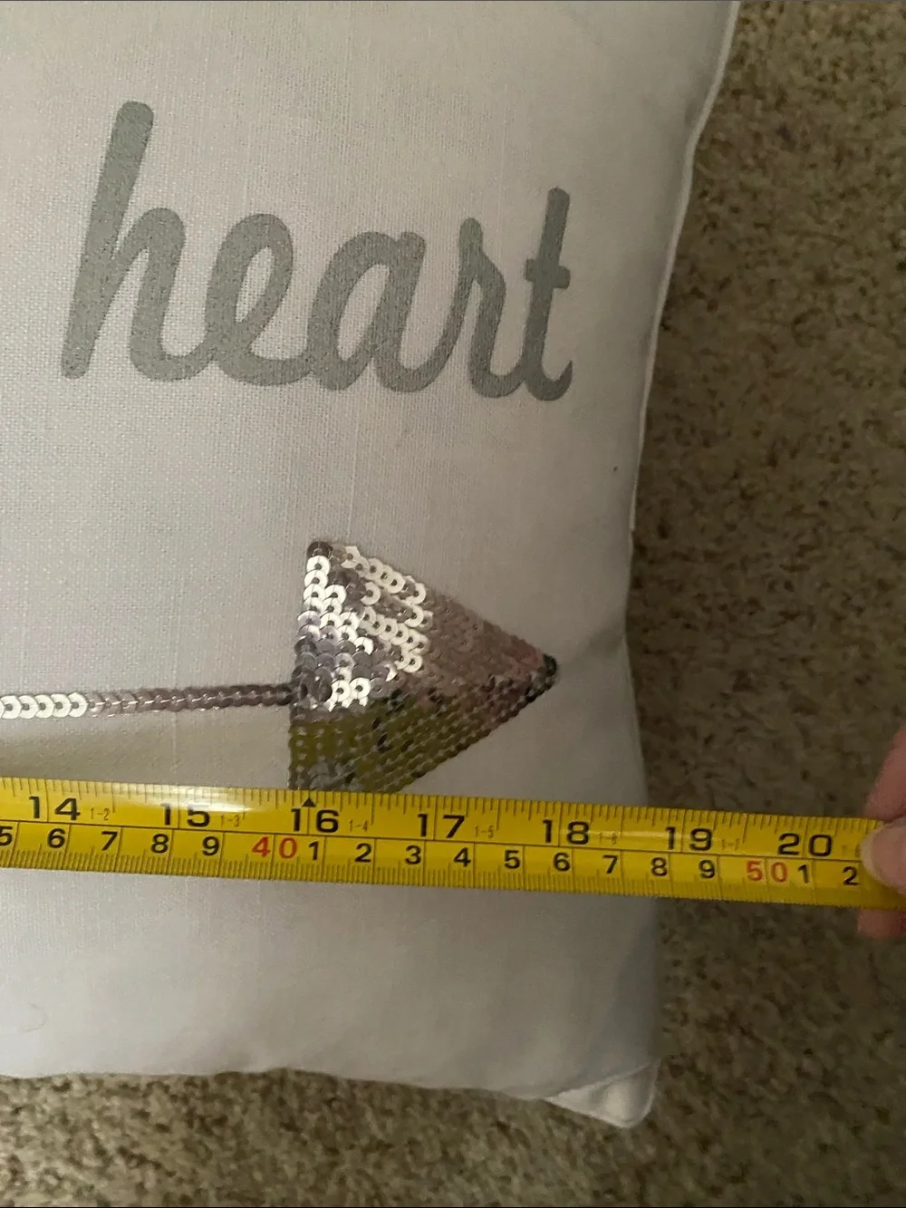 Follow Your Heart Silver Sequin Arrow Accent Pillow - White